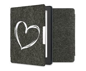kwmobile Funda Compatible con Kobo Aura H2O Edition 2 - Carcasa Plegable de Fieltro para e-Reader - Case Dibujo de corazón Blanco/Gris Oscuro