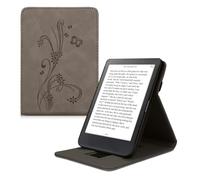 kwmobile Funda Compatible con Kobo Clara BW/Colour - Carcasa con Tapa Vertical y Soporte para e-Book -Case Cuero sintético - Flores y Mariposas Gris