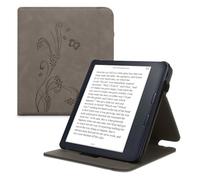 kwmobile Funda Compatible con Kobo Libra Colour - Carcasa con Tapa Vertical y Soporte para e-Book -Case Cuero sintético - Flores y Mariposas Gris