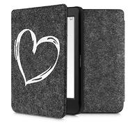 kwmobile Funda Compatible con Kobo Nia - Carcasa Plegable de Fieltro para e-Reader - Case Dibujo de corazón Blanco/Gris Oscuro