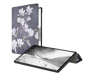 kwmobile Funda Compatible con Samsung Galaxy Tab S7 Plus/Tab S7 FE - Carcasa de Cuero sintético con Tapa magnética y Soporte - Magnolias marrón Topo/Blanco/Gris Oscuro