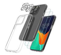 kwmobile Set 5en1 antigolpes Compatible con iPhone 15 Pro Funda - Kit 1x Funda Transparente 2X Protector de Pantalla de Vidrio Templado y 2X Protector Camara
