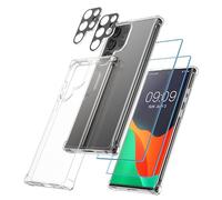 kwmobile Set 5en1 antigolpes Compatible con Samsung Galaxy S24 Ultra Funda - Kit 1x Funda Transparente 2X Protector de Pantalla de Vidrio Templado y 2X Protector Camara