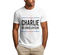 KWQDOZF Camiseta de Charlie Kirk Fe patriótica: Su Voz Sigue Viva para Hombre