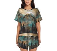 KWQDOZF Conjunto de Pijama de Manga Corta para Mujer, con Paisaje de montañas y árboles, para Dormir, Suave y con Amanecer