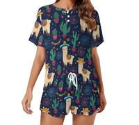 KWQDOZF Conjunto de Pijama para Mujer con Estampado de Alpaca para el Día de México, Blusa de Manga Corta, Ropa de Dormir y Estar en casa para el Verano.