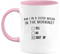 KWQDOZF ¿Estoy de buen humor por la mañana? Sí No Tazas de café con dedo medio Taza de café novedosa Taza de té de cerámica con impresión de doble cara para mamá Papá Amigo Esposa Esposo Regalo 11oz