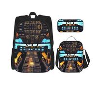 KWQDOZF Mochila informal con estampado de mansiones embrujadas negras de cabina de avión, mochila informal de 3 piezas con lonchera, mochila ajustable unisex, mochila para ordenador portátil de viaje