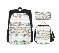 KWQDOZF Mochila informal de 3 piezas con estampado de alfabetos de aprendizaje con dinosaurios y fútbol, con lonchera, mochila ajustable unisex, mochila para ordenador portátil de viaje