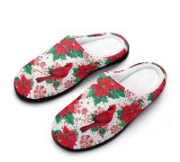 KWQDOZF Pantuflas de algodón para mujer con diseño de flores de Pascua y cardenal rojo, suela de goma antideslizante, cálidas y para