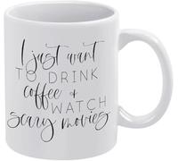 KWQDOZF Solo quiero tomar café y ver películas de terror, tazas de café, taza de café novedosa, taza de té de cerámica con impresión de doble cara para mamá, papá, amigo, esposa, esposo, 11 oz