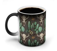 KWQDOZF Taza de café de 12 oz con diseño de calavera de toro y cactus, tazas de cerámica con asa que cambian de color, divertidas tazas para té, sopa, leche, café con leche.