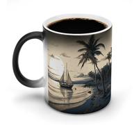 KWQDOZF Taza de café de 12 oz con diseño de palmeras y barco pesquero, de cerámica con asa que cambia de color, divertida para té, sopa, leche, café con leche.
