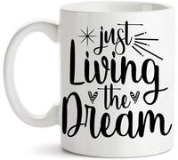 KWQDOZF Taza de café Simplemente viviendo el sueño, taza de cerámica con impresión de doble cara, con asa, para café, té y leche, regalo para mujeres y hombres, 325 ml