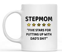 KWQDOZF Taza para madrastra, cinco estrellas por aguantar a papá, taza de café novedosa, taza de té de cerámica con impresión de doble cara para mamá, papá, amigo, esposa, esposo, regalo de 11 oz