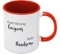 KWQDOZF Tazas de café con texto Buenos días, hermosa, hola, guapo, novedosas, de cerámica con impresión de doble cara, para mamá, papá, amigo, esposa, esposo, regalo de 11 oz