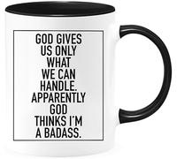 KWQDOZF Tazas de café Dios nos da lo que podemos manejar, novedosas tazas de café de cerámica con impresión de doble cara para mamá, papá, amigo, esposa, esposo, regalo de 11 oz