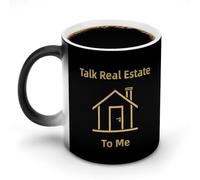 KWQDOZF Tazas de café divertidas con texto Hablemos de bienes raíces, tazas de té divertidas que cambian de color para hombres y mujeres, cumpleaños