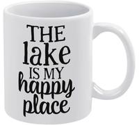 KWQDOZF Tazas de café El lago es mi lugar feliz, novedosas tazas de café de cerámica con impresión de doble cara para mamá, papá, amigo, esposa, esposo, regalo de 11 oz