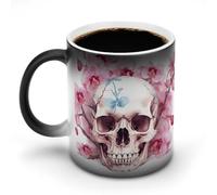 KWQDOZF Tazas de café sensibles al calor con estampado de flores rosas y calavera humana. Taza que cambia de color. La imagen completa se revela al agregar CALIENTE.