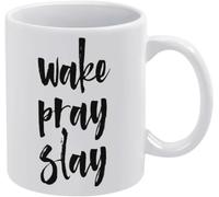 KWQDOZF Tazas de café Wake Pray Slay, novedosas tazas de café de cerámica con impresión de doble cara para mamá, papá, amigo, esposa, esposo, regalo de 11 oz