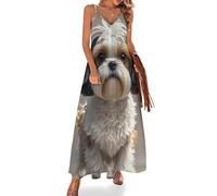 KWQDOZF Vestido Largo Maxi de Playa con Estampado Floral para Mujer con diseño de Perro Shih Tzu
