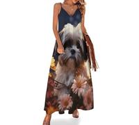KWQDOZF Vestido Largo Maxi de Playa con Estampado Floral y Perro Shih Tzu para Mujer
