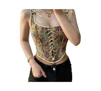 KWTF Bustiers de vendaje cruzado para mujer, Top corto con cuello en U, camisetas sin mangas cruzadas con tiras, corsés con tirantes de lazo con estampado de flores Vintage