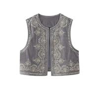 KWTF Chaleco Chaqueta Vintage de Terciopelo Bordado para Mujer - Cuello Pico sin Mangas Negro - Moda Otoño Tops