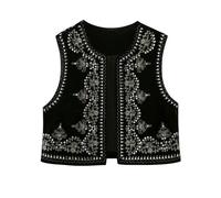 KWTF Chaleco Chaqueta Vintage de Terciopelo Bordado para Mujer - Cuello Pico sin Mangas Negro - Moda Otoño