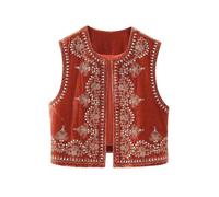KWTF Chaleco Chaqueta Vintage de Terciopelo Bordado para Mujer - Cuello Pico sin Mangas Negro - Moda Otoño Tops