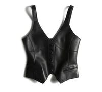 KWTF Chaleco de Cuero PU con Cuello en V para Mujer, Chaleco sin Mangas con una hilera de Botones, Chaqueta Corta, Abrigo, Chaquetas de Moda Coreana para Mujer