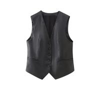 KWTF Chaleco de Piel sintética con Botones Delanteros a la Moda para Mujer, Chaleco Vintage sin Mangas con Cuello en V, Prendas de Vestir Exteriores para Mujer, Chalecos Elegantes