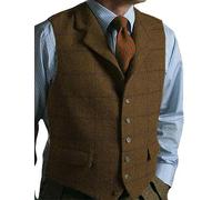 KWTF Chaleco Verde para Hombre, Chaleco a Cuadros de Tweed, Chaleco de Traje a Cuadros con Solapa Ajustada, Chaleco Vintage en Espiga para Padrinos de Boda