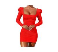 KWTF Mini Vestido Ajustado Sexy para Mujer, otoño 2023, Manga Larga, Falda Delgada, Cuello Cuadrado, Negro, Fiesta, Club, Vestidos Cortos Informales