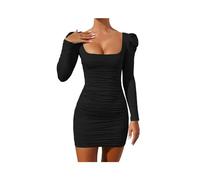 KWTF Mini Vestido Ajustado Sexy para Mujer, otoño 2023, Manga Larga, Falda Delgada, Cuello Cuadrado, Negro, Fiesta, Club, Vestidos Cortos Informales