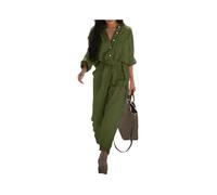 KWTF Mono de otoño para mujer, estilo retro, casual, de algodón y lino, con bolsillo, manga larga, cintura elástica, con cinturón, talla grande, sólido, pantalones de una pieza