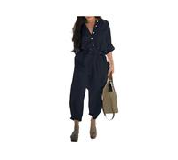 KWTF Overol de otoño para mujer, estilo retro, casual, de algodón y lino, con bolsillo, manga larga, cintura elástica, con cinturón, talla grande, pantalones de una sola pieza