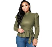 KWTF Top de Cuero PU para Mujer, Camiseta de Manga Larga con Cuello Alto y Lazo con Cordones para otoño, Blusa Lisa Ajustada con Volantes para Mujer