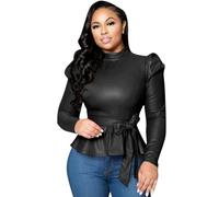KWTF Top de Cuero PU para Mujer, Camiseta de Manga Larga con Cuello Alto y Lazo con Cordones para otoño, Blusa Lisa Ajustada con Volantes para Mujer