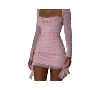 KWTF Vestido de Fiesta a la Cadera con Cuello Oblicuo de otoño, Vestido Sexi de Color sólido con diseño de Cuentas para uñas, Vestidos Cortos Ajustados de Manga Larga para Mujer