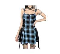KWTF Vestido gótico a Cuadros Negro y Azul para Mujer, Minivestido Sexy Vintage sin Mangas con Cremallera, estético Punk, Vestido de Corte A para Verano