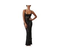 KWTF Vestido Largo Elegante de Encaje Transparente para Mujer, Vestido Sexy de Verano con Tirantes Finos, ceñido al Cuerpo, Vestidos de Fiesta de Boda, Vestido Largo Dividido Negro