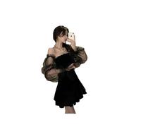 KWTF Vestido Retro Negro de Gasa de Encaje para Mujer, Minivestido Sexy de Calle Alta para Mujer, Vestido de Moda Coreana, Vestido de Fiesta para Mujer