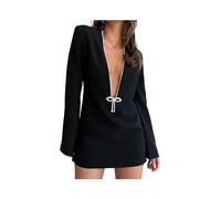 KWTF Vestido Sexi con Escote en V Profundo y Diamantes Brillantes para Mujer, Vestido de Noche Negro de Manga Larga, Ropa Ajustada Elegante para Fiesta y Discoteca de otoño