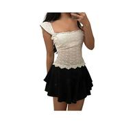 KWTF Y2K Top Corto de Encaje con Lazo y Cuello Cuadrado, Camiseta para Mujer, jerséis Informales básicos Harajuku Coreanos, Color Blanco Bonito