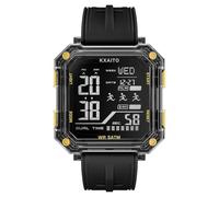 KXAITO Reloj deportivo digital, caja cuadrada de 43 mm, pantalla de hora dual, resistente al agua hasta 5 ATM, cronógrafo de alarma, cronómetro, correa de gel de sílice, Negro dorado, Digital