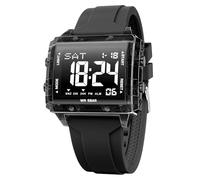 KXAITO Reloj deportivo digital, caja cuadrada de 44 mm, pantalla de luz nocturna LED, resistente al agua hasta 5 ATM, correa de gel de sílice, cronómetro con alarma, cronómetro, regalo, Negro, Digital