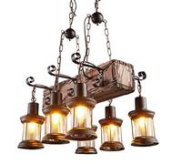 KXEcoLife Lámpara Colgante de Estilo rústico Industrial de 6 Luces - Altura Ajustable, Pantalla de Madera y Cristal Vintage, Comedor, Sala de Estar y Cocina, ø55cm