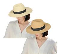 KXF Sombrero de sol Panamá de ala ancha para mujer, sombrero Fedora con cinta de grogrén para vacaciones de verano en la playa, ajuste ajustable, Sombrero beige y caqui con banda plegada, M/L